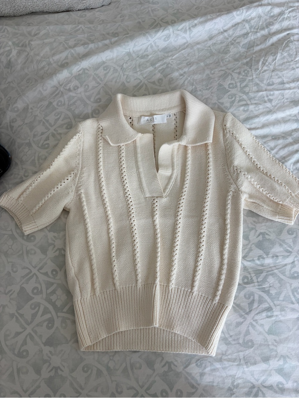 Astr Cream Short-Sleeve Knit Polo Sweater